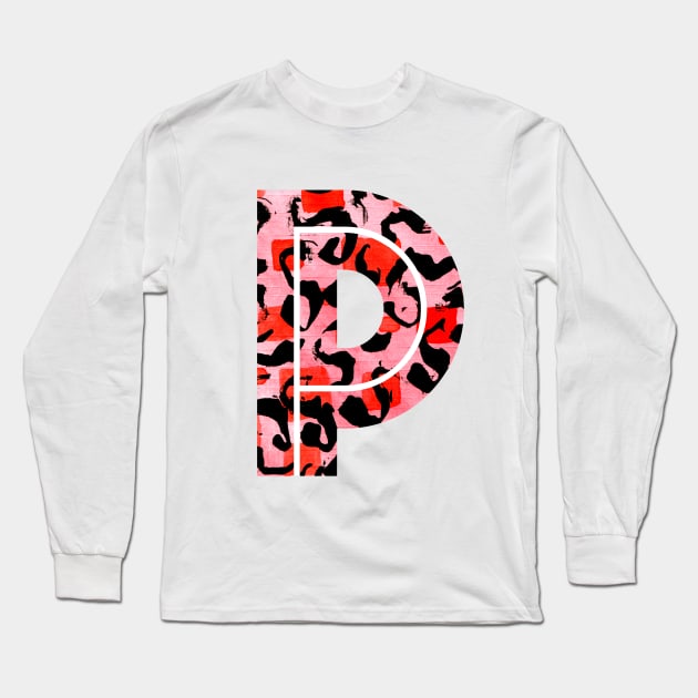 Abstract Letter P Watercolour Leopard Print Alphabet Red Long Sleeve T-Shirt by Squeeb Creative